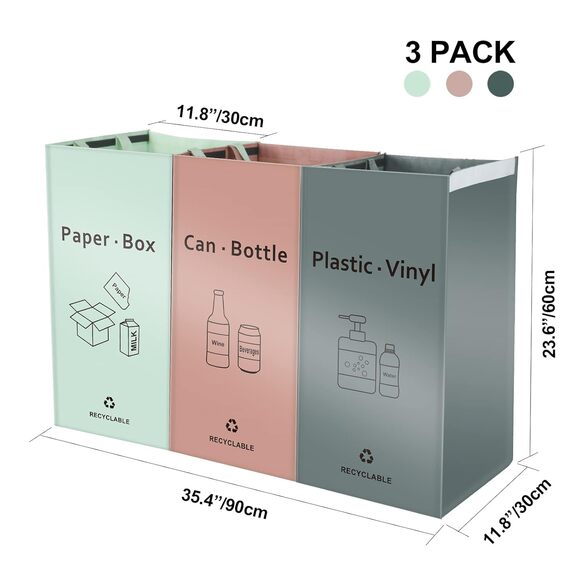 Recycling Bin Bags Set of 3 Waterproof Reusable Trash Sorter Kitchen Home Bins - Picture 3 of 9